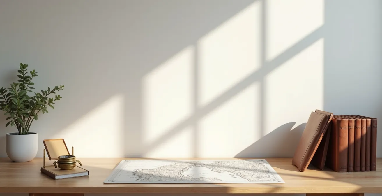 Bureau organisé avec dossiers nautiques et cartes marines