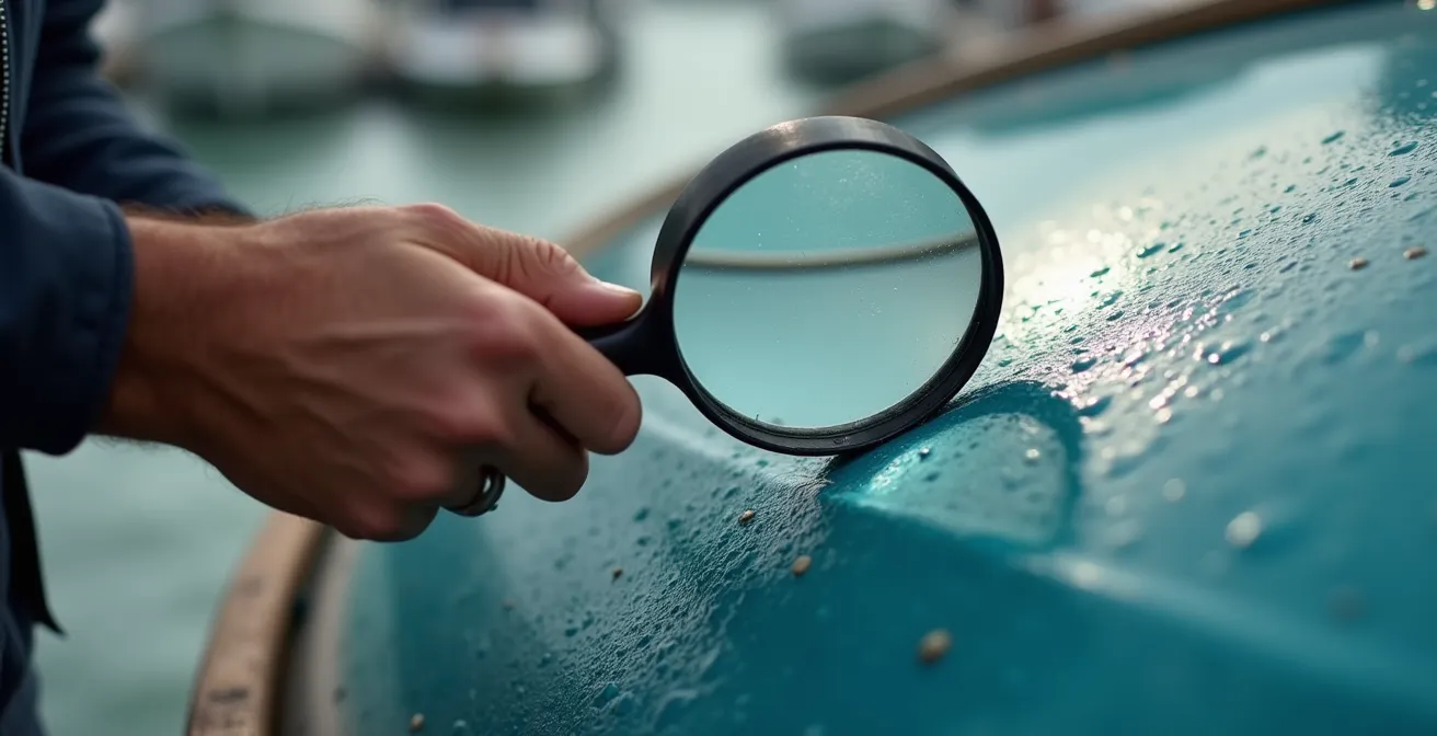 Expert maritime examinant la coque d'un bateau avec une loupe professionnelle