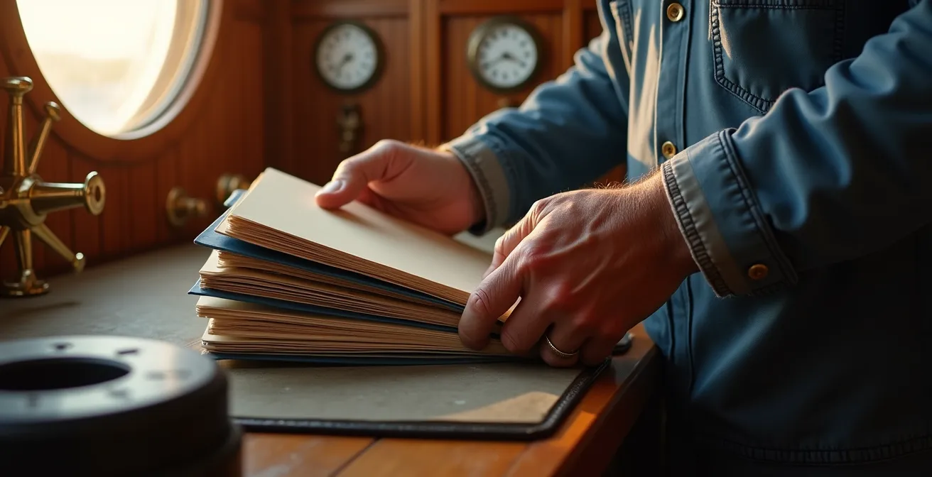 Navigateur consultant ses documents officiels dans la cabine d'un voilier